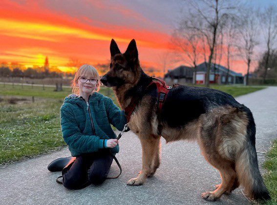 Lois poseert samen met duitse herder Harley met op de achtergrond een ondergaande zon