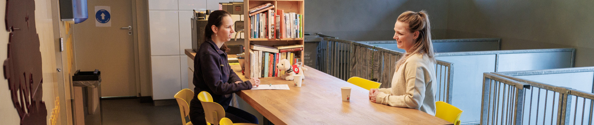 twee collega's staan aan een koffietafel te overleggen. Op de voorgrond een hondenbar waar een hond uit een waterbak drinkt