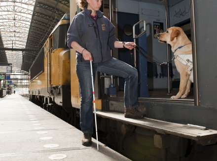 Instructeur oefent met blindengeleidehond in opleiding met het uitstappen uit een trein