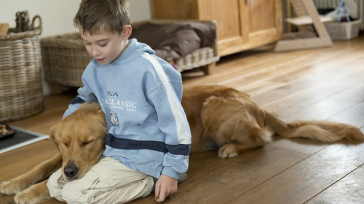 Kind met autisme knuffelt op zijn knieën een blonde hond met de kop op zijn schoot
