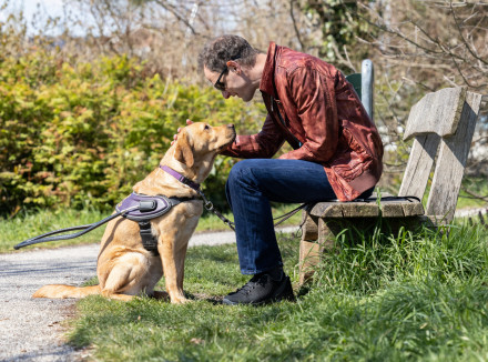 Marcel zit op een bankje in het park en buigt voorover naar een blonde labrador in tuig die hem aankijkt
