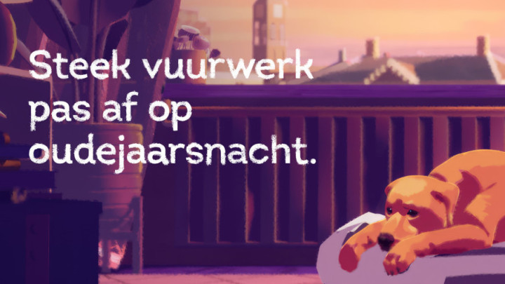 animatie: hond ligt in een mand. In de ramen achter hem zie je een lucht waar vuurwerk wordt afgestoken.