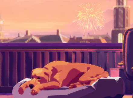 still uit animatievideo vuurwerk: hond ligt in mand, achter hem in de lucht is vuurwerk te zien