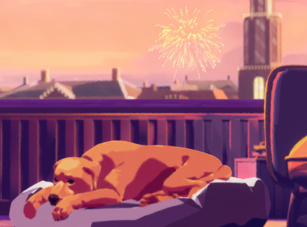 still uit animatie waarbij een hond in zijn mand ligt met op de achtergrond vuurwerk