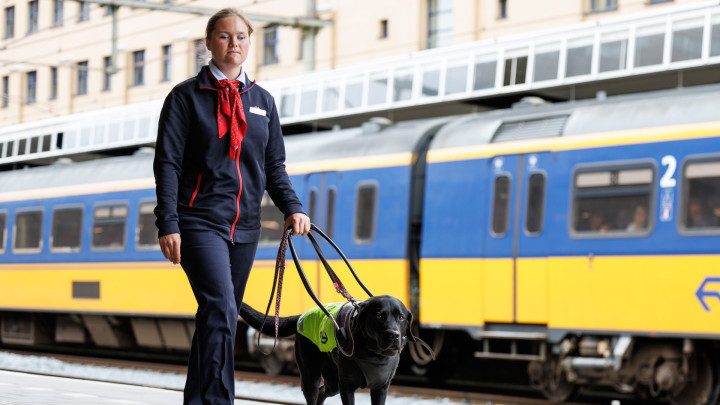 Anna loopt met haar geleidehond op het perron voor een trein langs