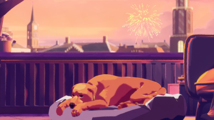 still uit animatie waarbij een hond in zijn mand ligt met op de achtergrond vuurwerk