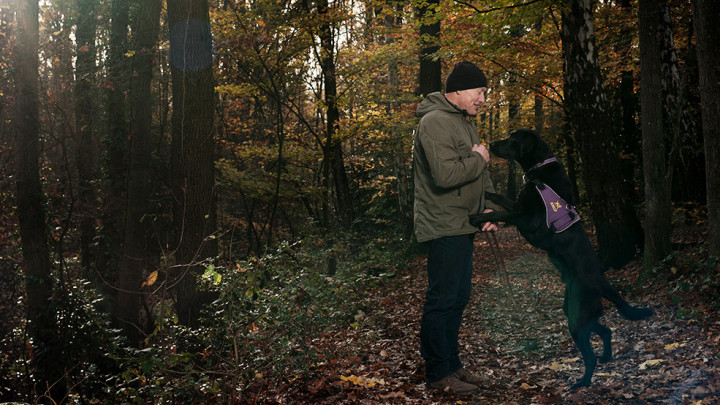 Buddyhond zwarte labrador Eiko springt tegen Richard op in het bos