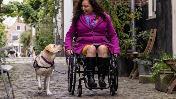 Assistentiehond loopt naast vrouw in rolstoel