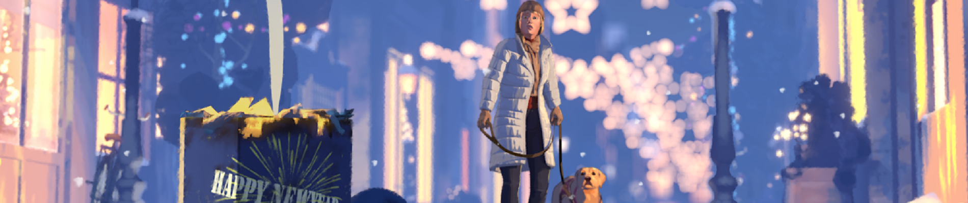 Still uit de animatie met een besneeuwde straat met kerstsfeer. Baas en hulphond kijken angstig naar vuurwerk op de voorgrond waarop happy new year staat