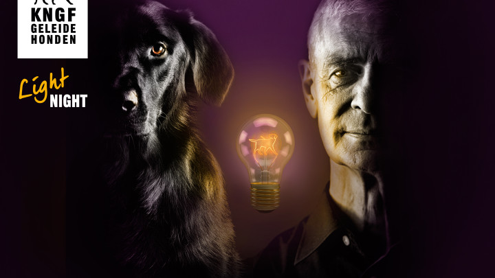 Campagnebeeld KNGF Light Night met portretfoto van geleidehond en portretfoto van blinde baas ernaast