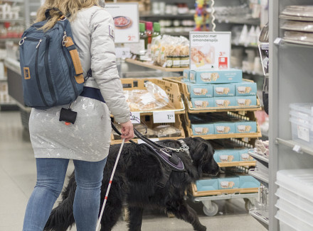 geleidehondenbaas en hond in de winkel