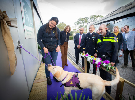 blonde hond trekt aan touw om deur te openen. Mensen eromheen kijken mee.