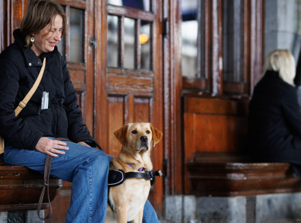 Vrouw en haar blonden geleidehond in tuig in een stationshal