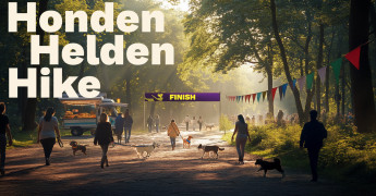 Bos met wandelende mensen en hun hond en een banner met woord finish erop