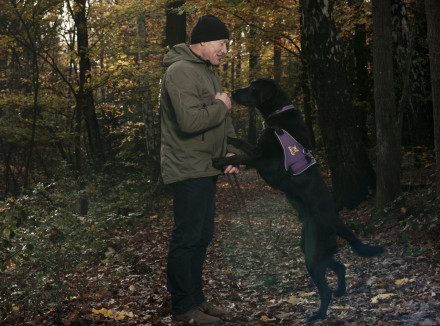 Buddyhond zwarte labrador Eiko springt tegen Richard op in het bos
