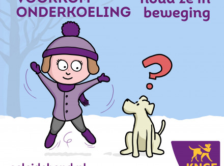 illustratie van springend meisje met muts op. de hond zit ernaast en kijkt met een groot vraagteken boven zijn hoofd