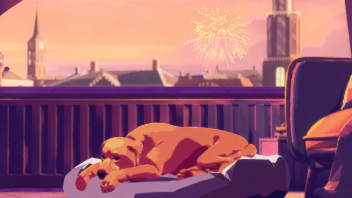 still uit animatievideo vuurwerk: hond ligt in mand, achter hem in de lucht is vuurwerk te zien