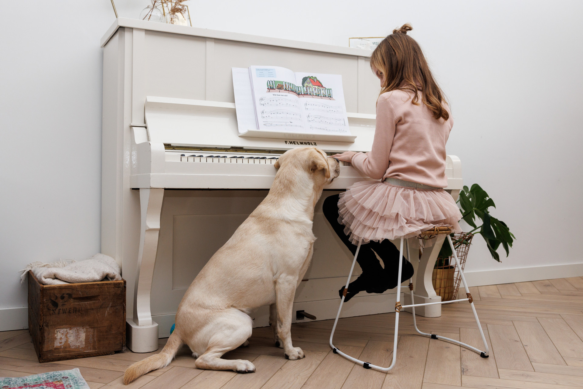 Isa achter de piano met buddyhond Ona naast haar