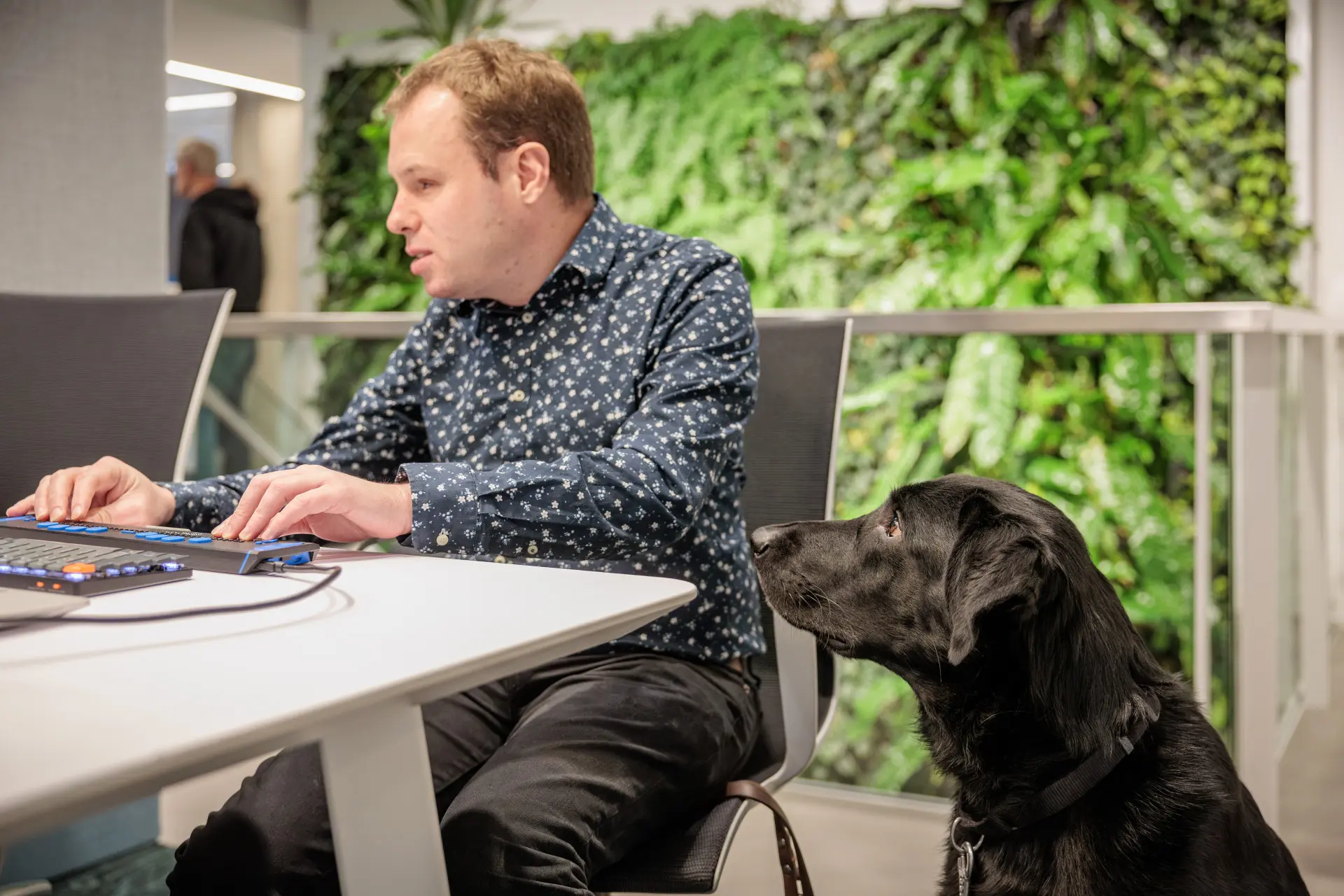 Vincent is aan het werk aan een bureau, zijn geleidehond zit naast hem.