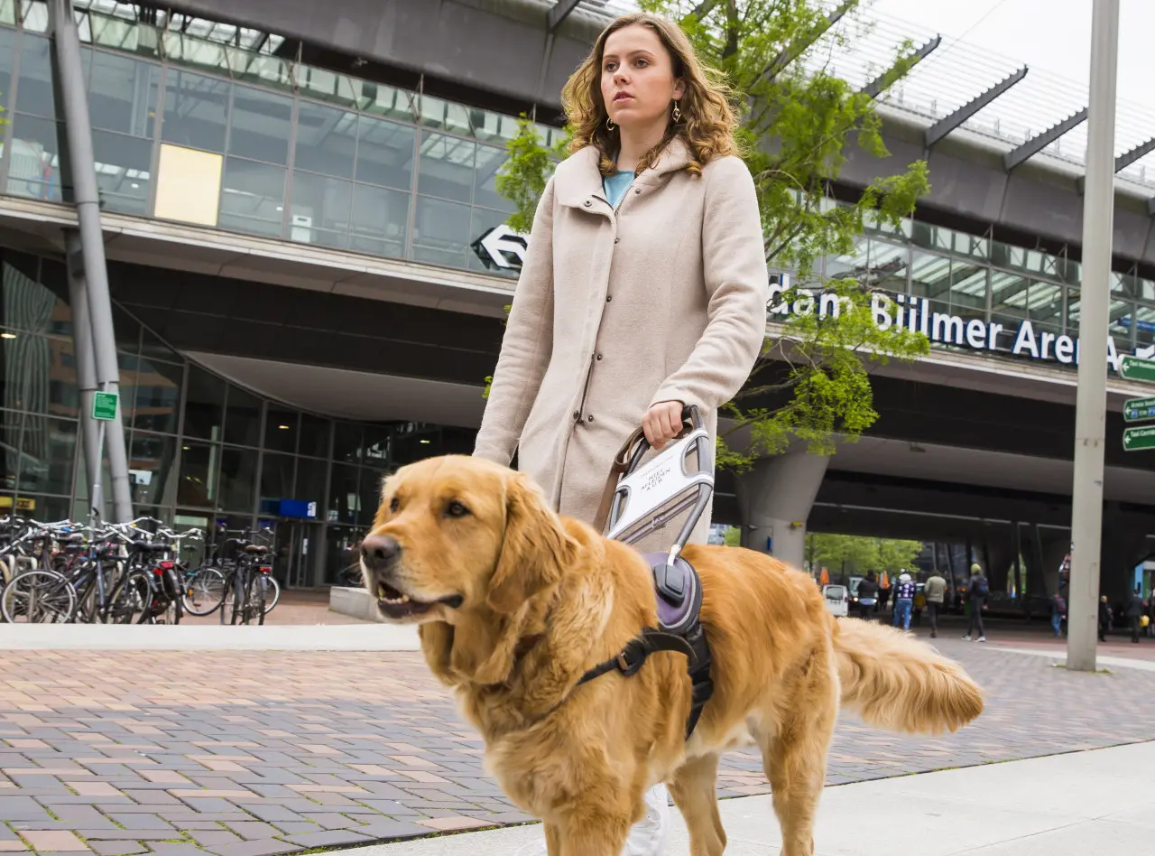 Janice loopt met blindengeleidehond Urley voor het treinstation