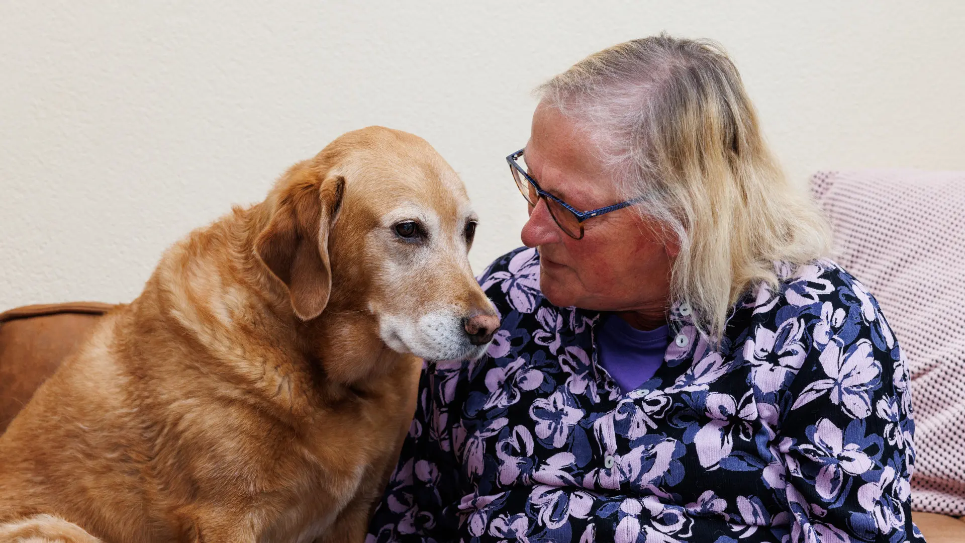 Mieke en haar assistentiehond Zonta samen op de bank