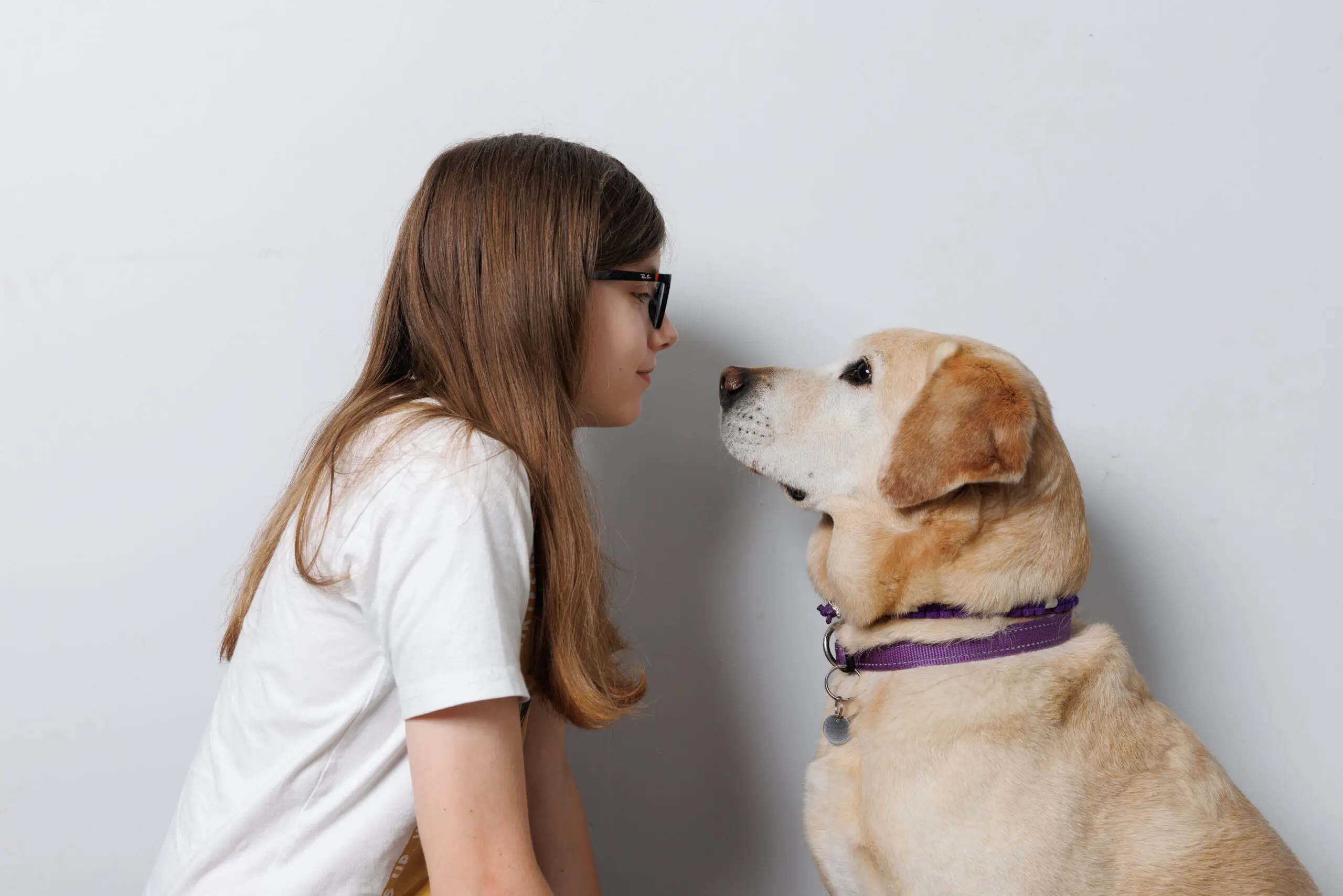 kind en blonde hond zitten tegenover elkaar en kijken elkaar aandachtig aan.