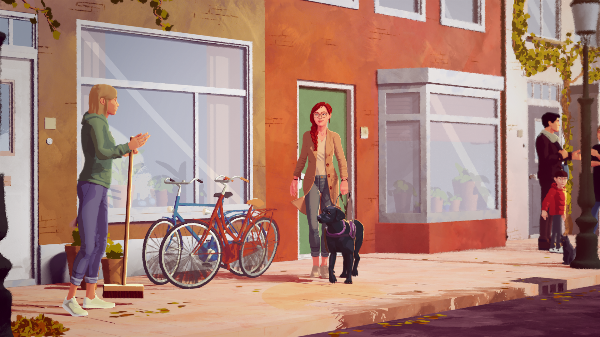 still uit de animatievideo: een vrouw loopt met haar geleidehond op straat