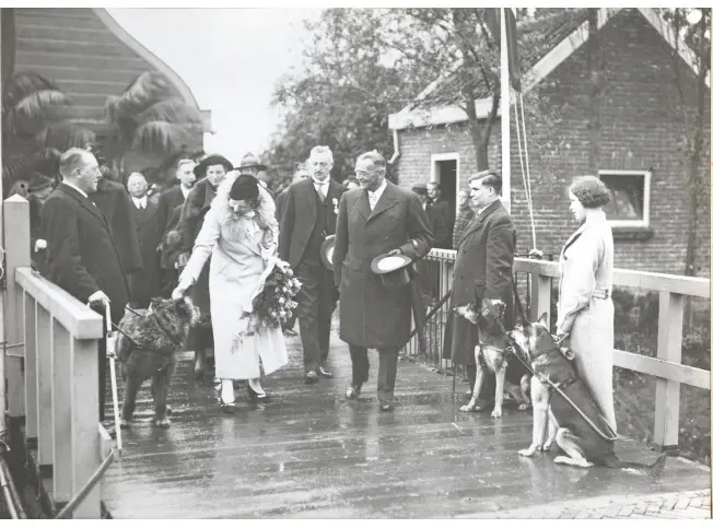 Koningin Wilhelmina op bezoek bij KNGF Geleidehonden, wandeld over een brug waar enkele honden staan
