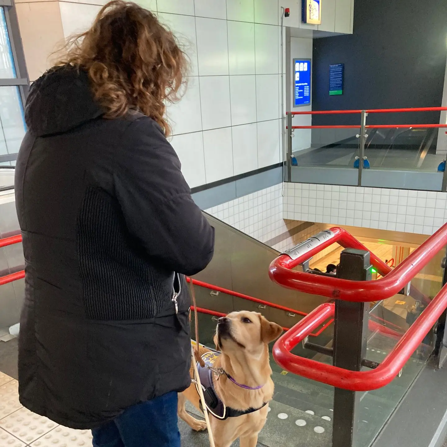 Martine en blindengeleidehond Giggles op het station bij een trap