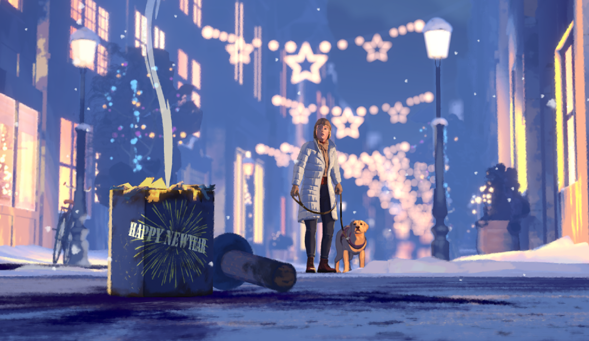Still uit animatievideo: persoon en hond staand in feestelijk verlichte straat en kijken geschrokken naar ontplofte doos vuurwerk.