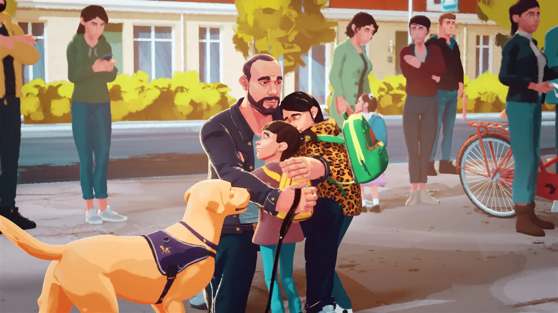 still uit animatievideo: vader knuffelt kinderen op schoolplein, een hond in tuig staat naast hem