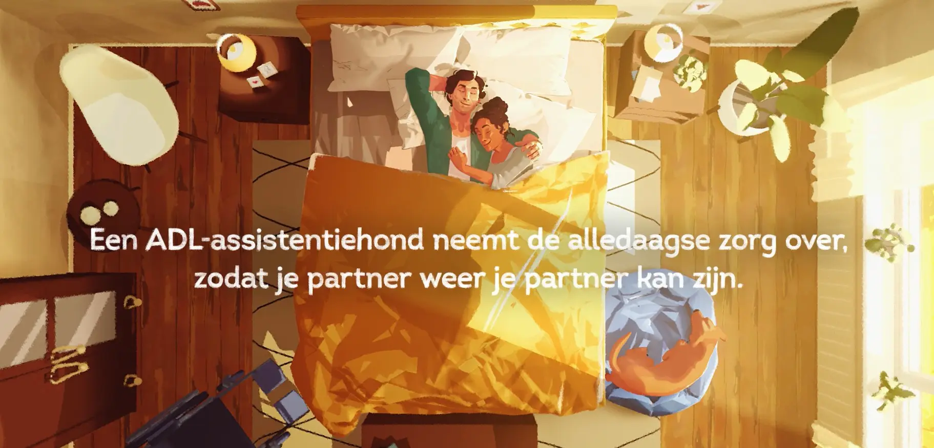 still uit animatievideo: twee mensen liggen samen in bed, en een hond naast de mand