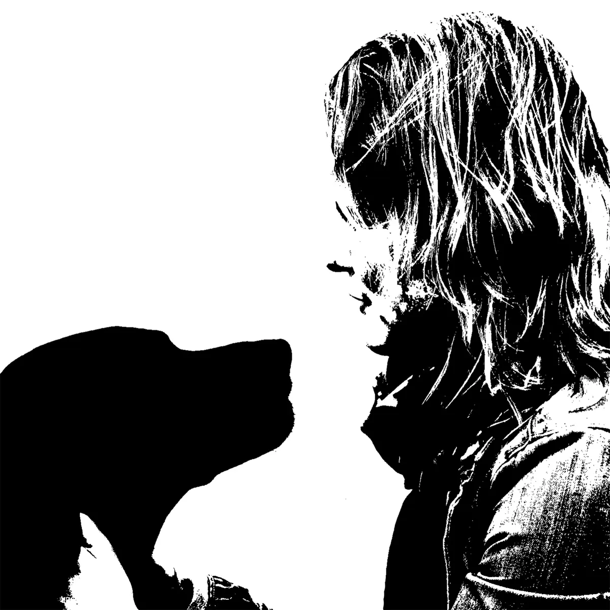 Roos Schlikker en haar blindengeleidehond Noah in een zwart wit profiel