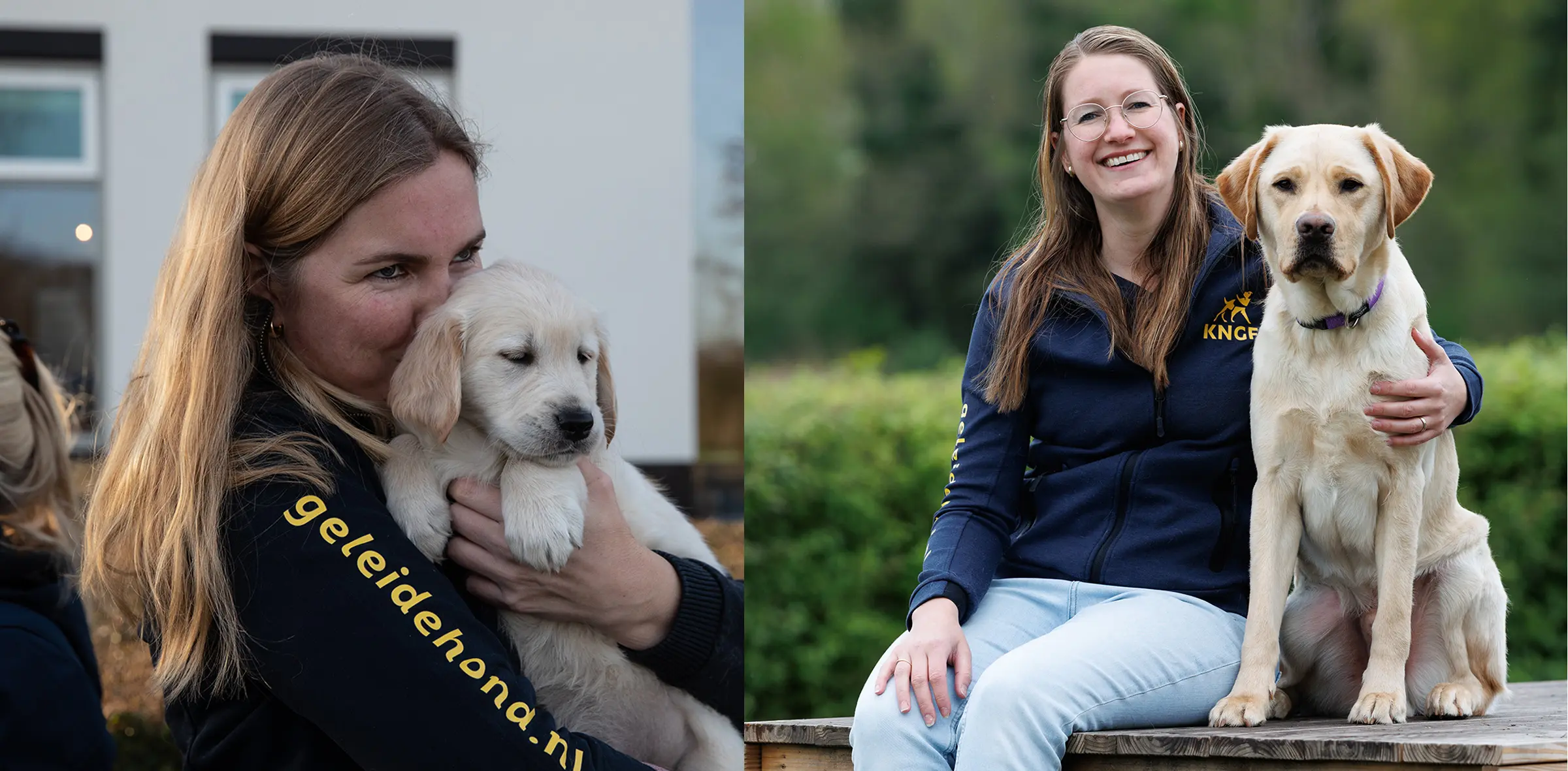 collage van 2 vrouwen, de vrouw links knuffelt een pup, de vrouw rechts zit naast een volwassen hond