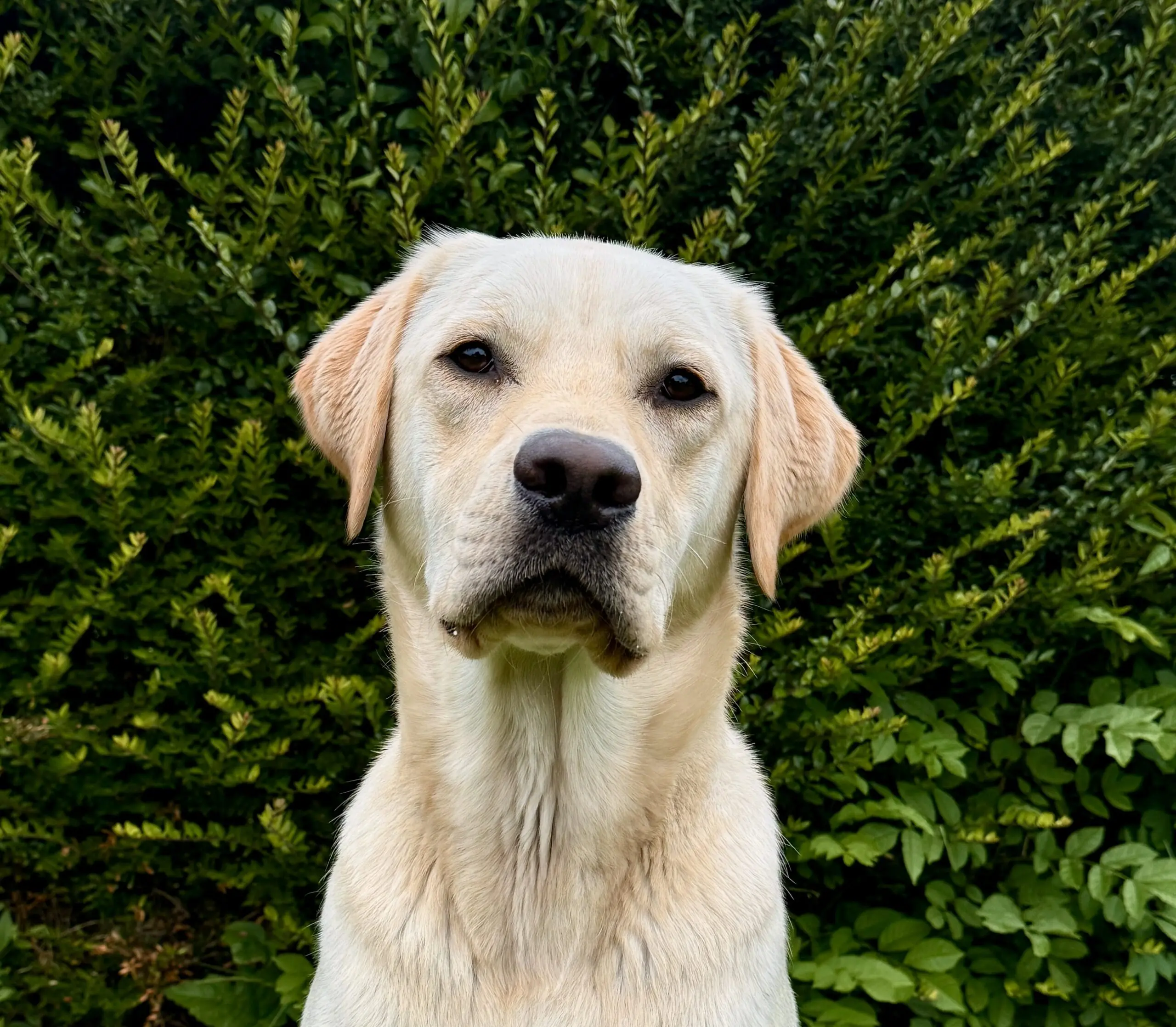 portret van blonde hond voor een heg