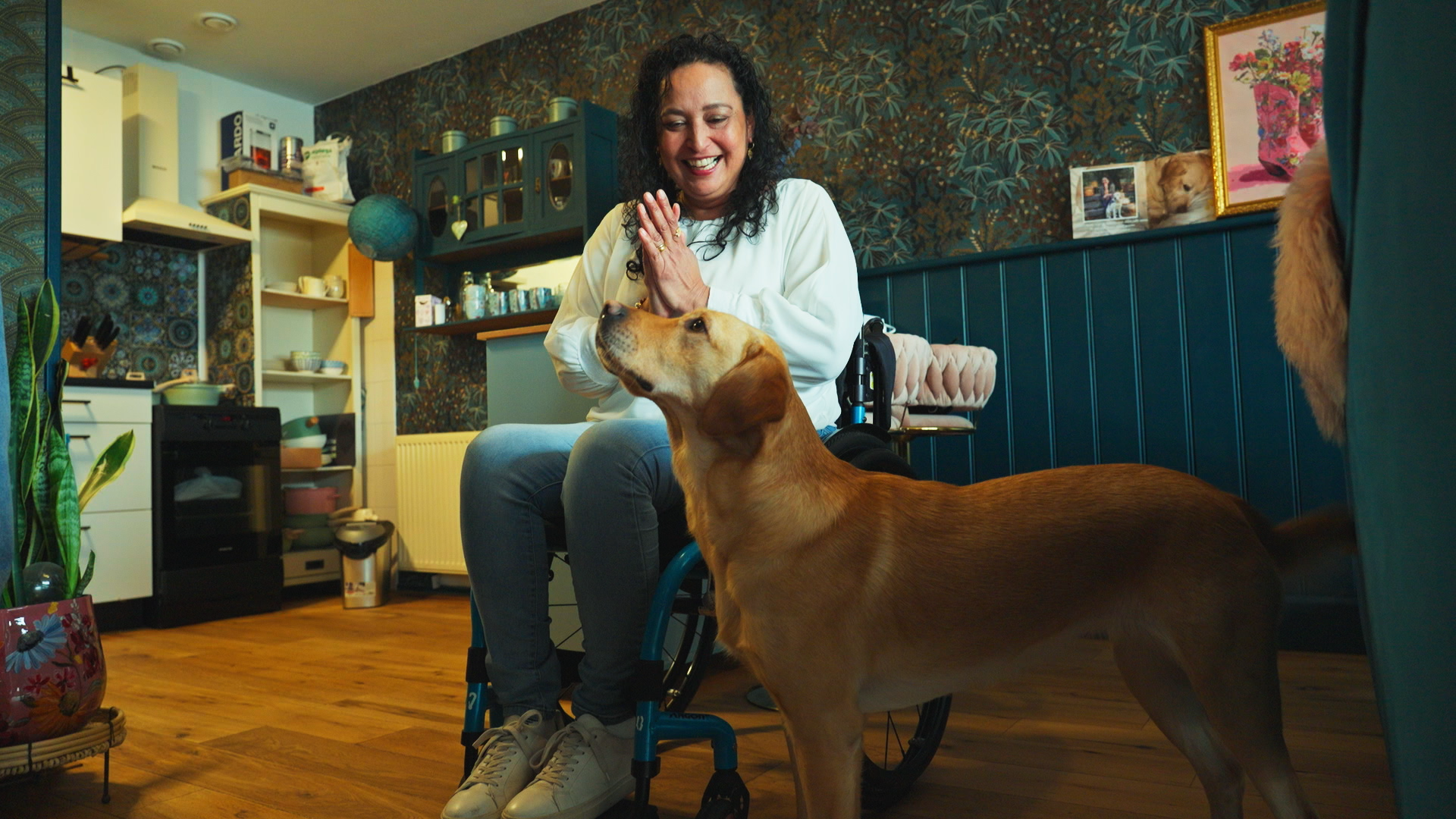 vrouw in huiselijke setting zit in rolstoel en kijkt lachend naar de blonde hond naast haar die gefocust omhoog kijkt.