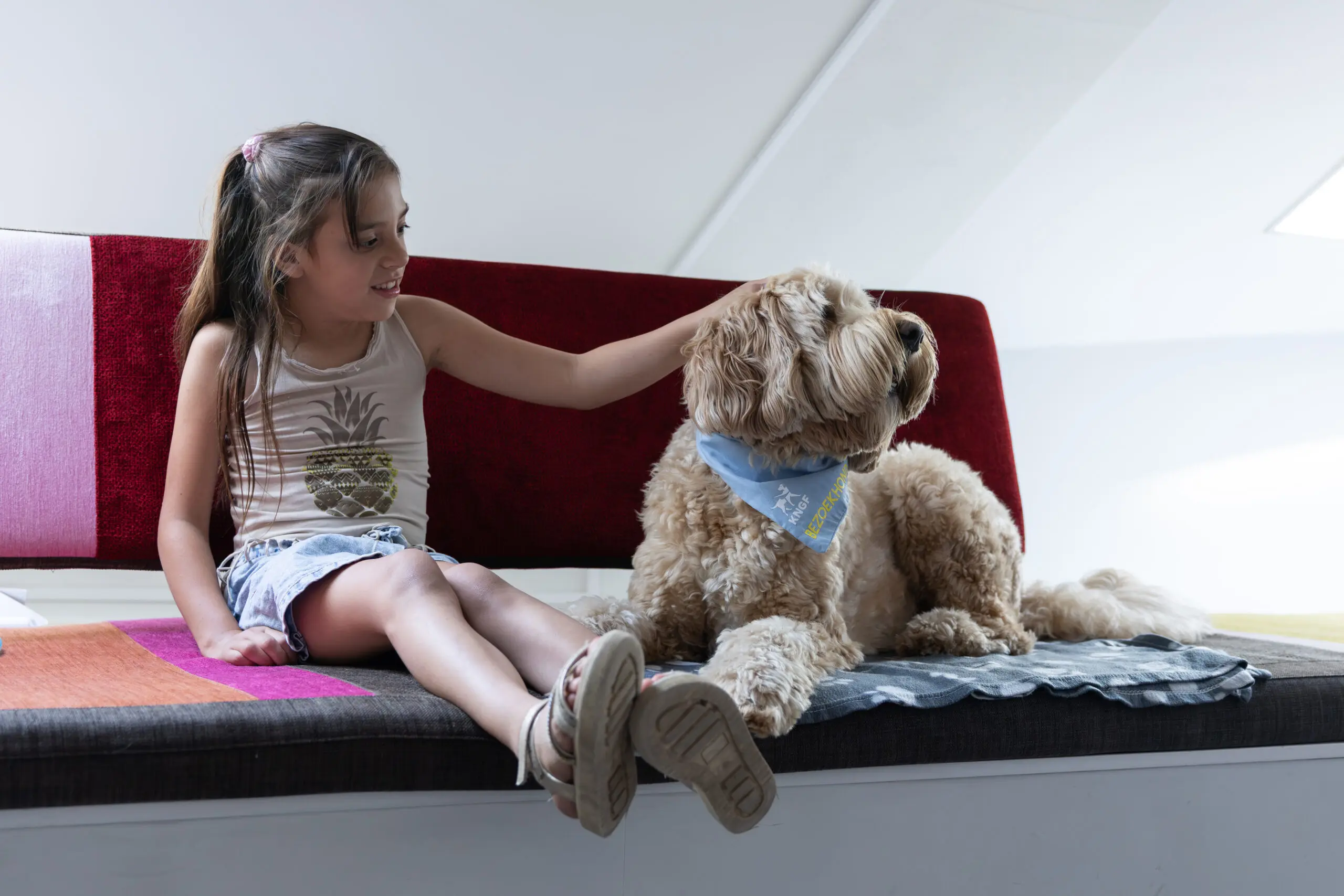 Meisje Rosalyn zit naast bezoekhond Flynn op een bankje en aait hem op zijn kop