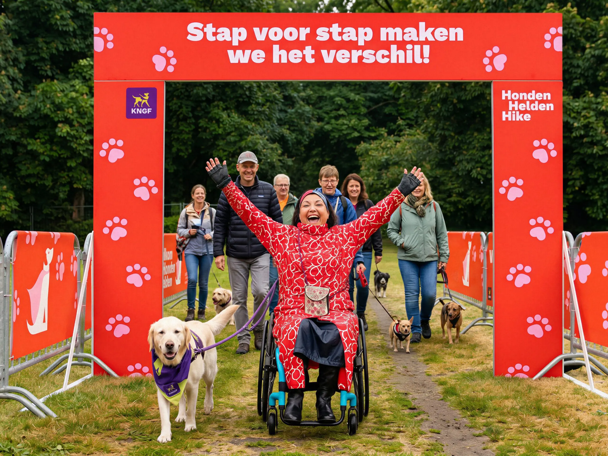 Persoon in rolstoel gaat juichend over de finish van de Honden Helden Hike.