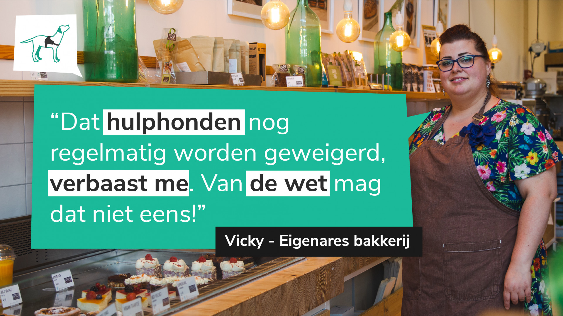 beeld van vrouw in bakkerij en een quote van haar rondom toegankelijkheid in beeld.